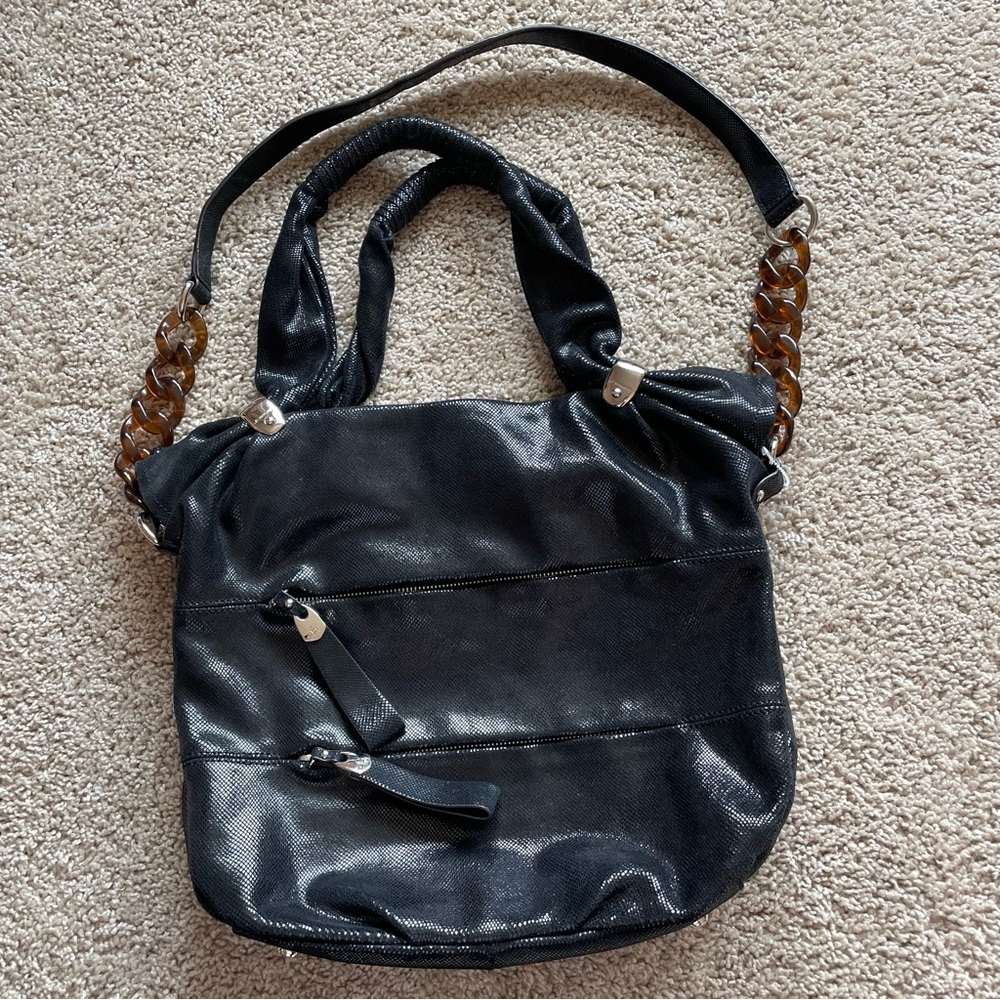 B. Makowsky Sleek Black Shoulder Bag with Chain Detail